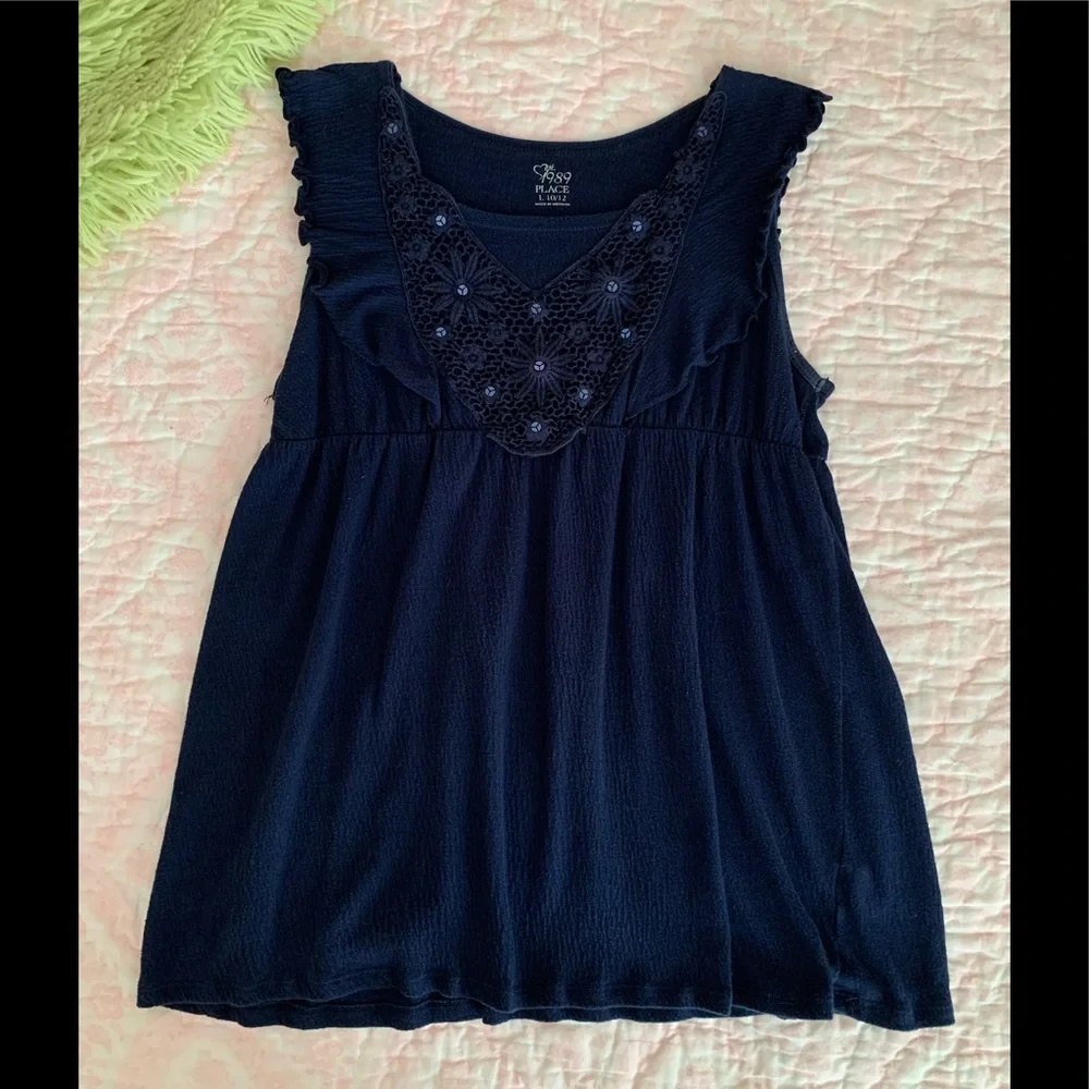 Children's Place Tank Top Girls L 10/12 Navy Blue Crochet Sequin Ruffle Textured